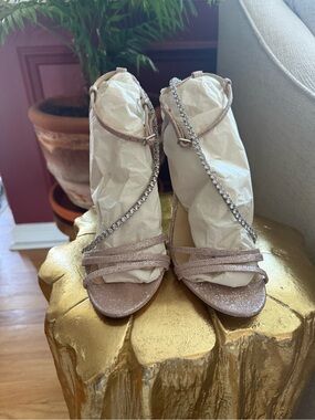 Jimmy Choo Rose Gold Glitter Strappy Heels with Crystal Trim